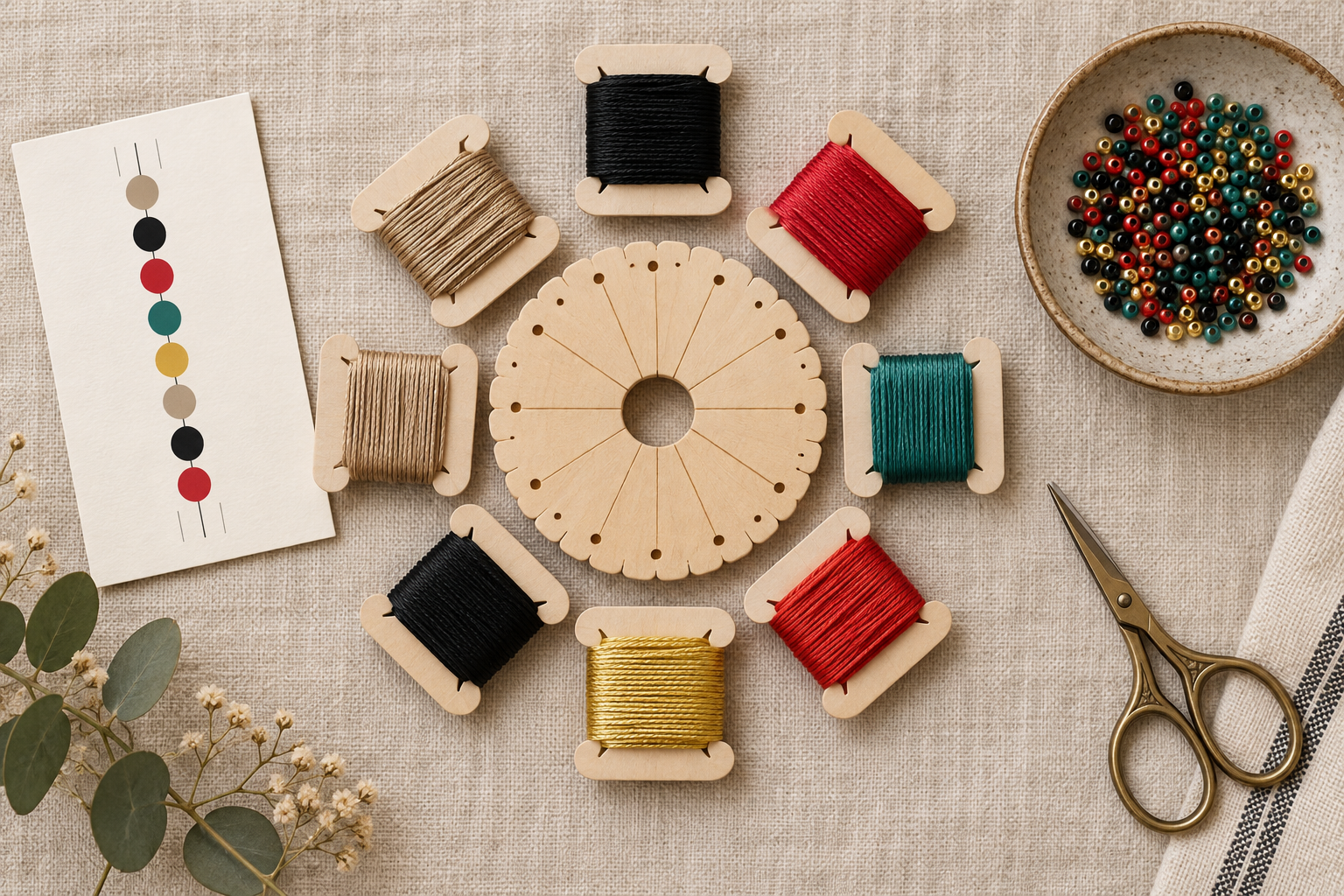 Kit de tressage kumihimo : disque, bobines de fil colorées, perles de rocaille et ciseaux