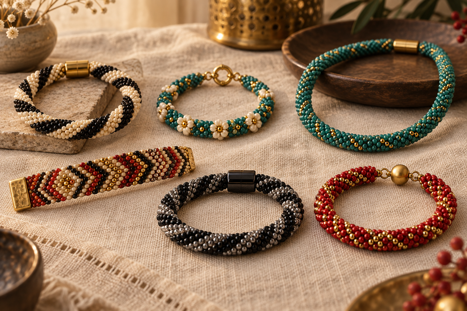 Collection de bracelets kumihimo perlés finis, spirales, motifs et rubans plats